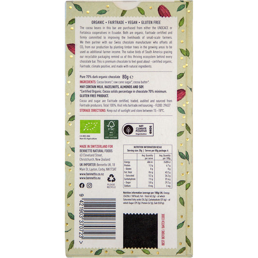 BENNETTO Organic Dark Chocolate 70% Organic Dark x 12