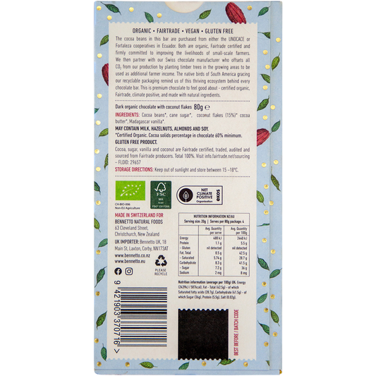 Bennetto Organic Dark Chocolate Coconut flakes - Box of 12