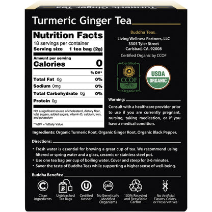 BUDDHA TEAS Organic Herbal Tea Bags Turmeric Ginger Tea 1 x 18pk
