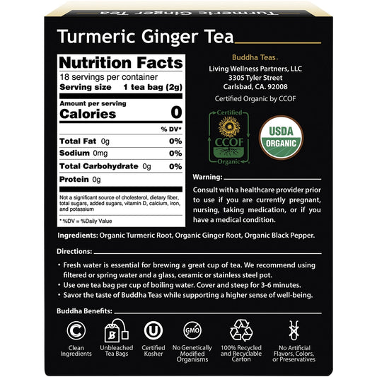 BUDDHA TEAS Organic Herbal Tea Bags Turmeric Ginger Tea 1 x 18pk