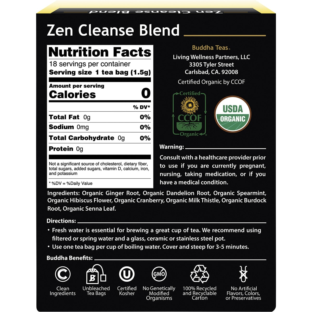 BUDDHA TEAS Organic Herbal Tea Bags Zen Cleanse Blend 1 x 18pk