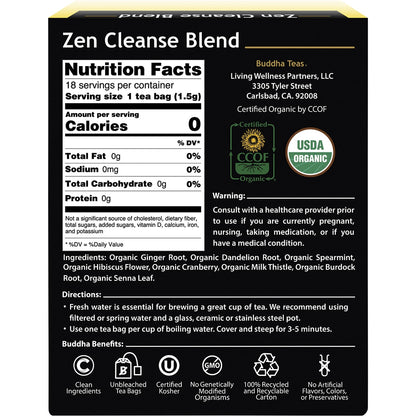 BUDDHA TEAS Organic Herbal Tea Bags Zen Cleanse Blend 1 x 18pk