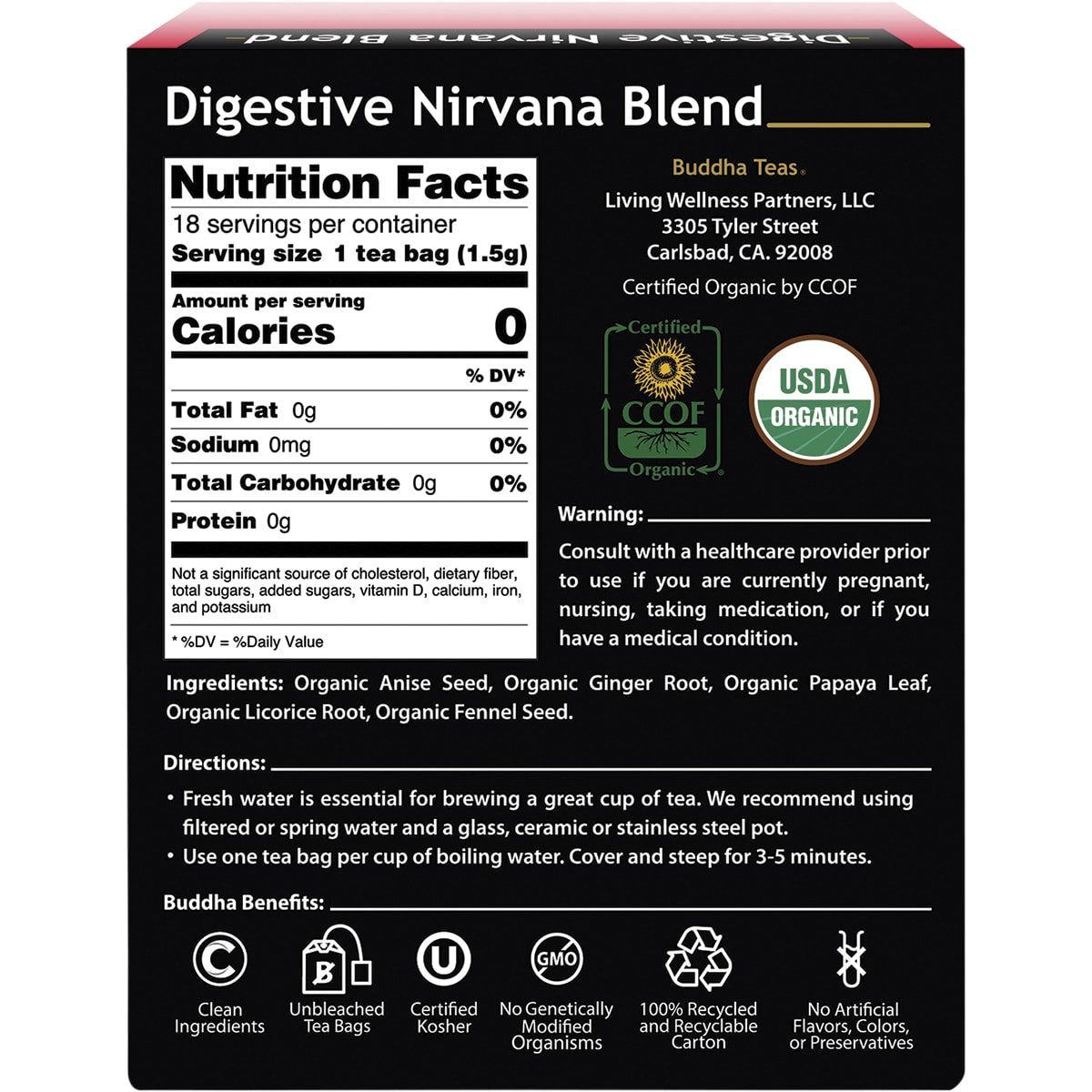 BUDDHA TEAS Organic Herbal Tea Bags Digestive Nirvana Blend 1 x 18pk