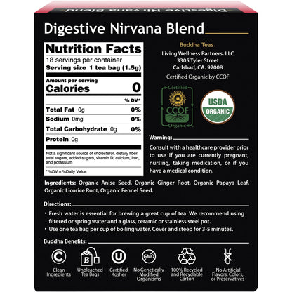 BUDDHA TEAS Organic Herbal Tea Bags Digestive Nirvana Blend 1 x 18pk
