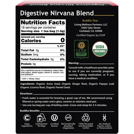 BUDDHA TEAS Organic Herbal Tea Bags Digestive Nirvana Blend 1 x 18pk