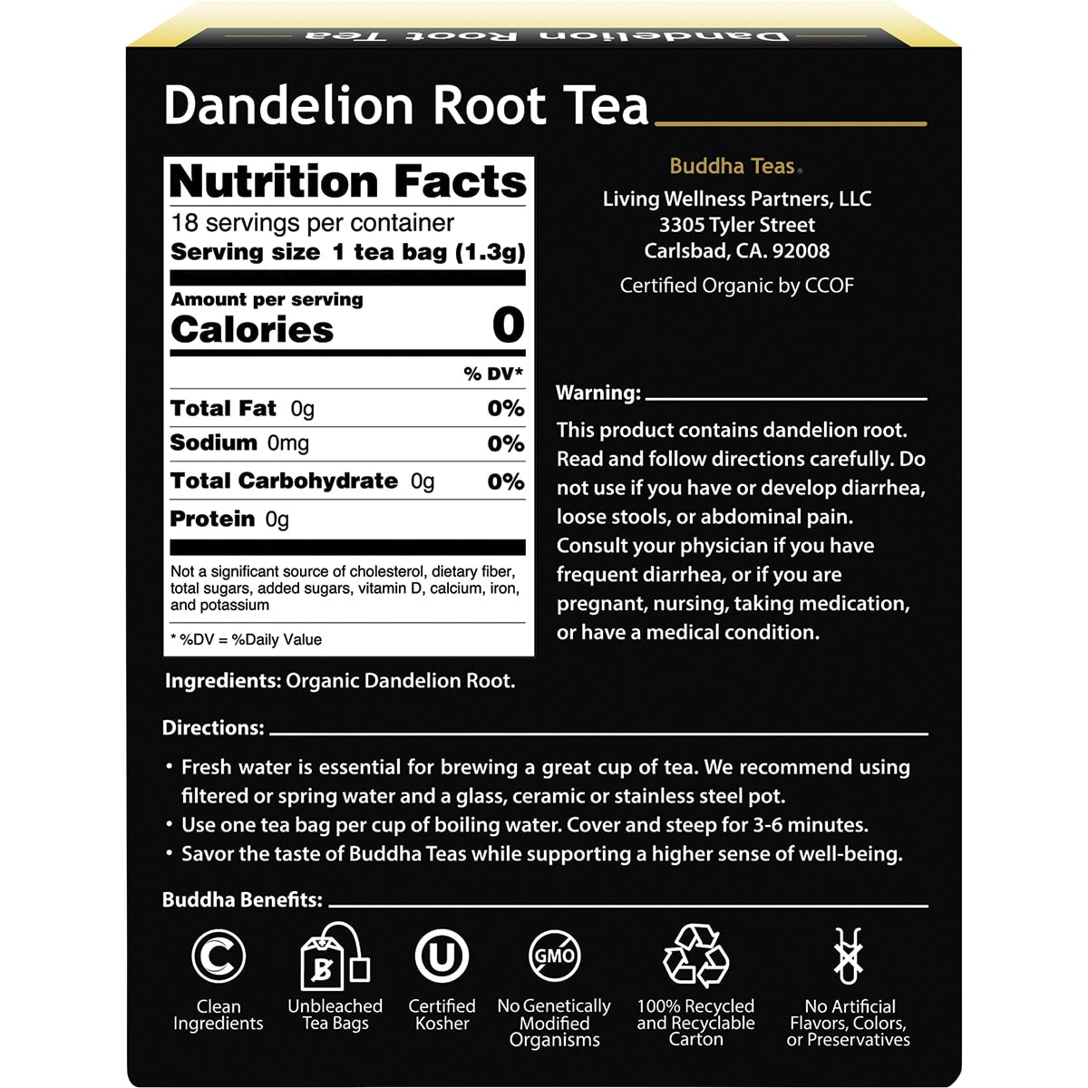BUDDHA TEAS Organic Herbal Tea Bags Dandelion Root Tea 1 x 18pk