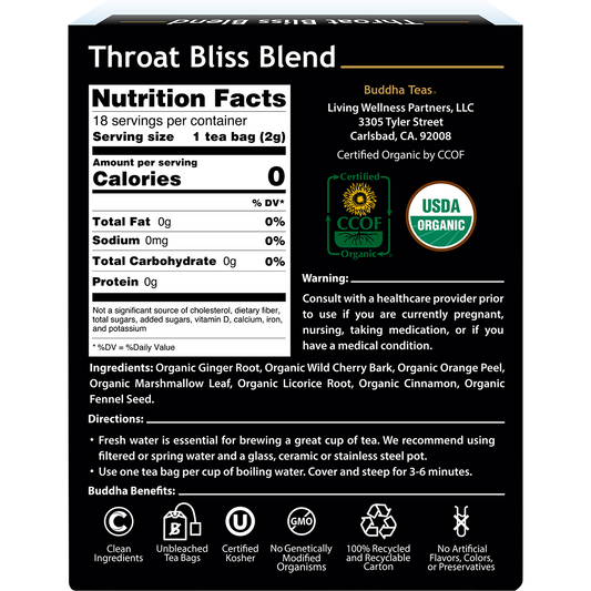 Buddha Teas Organic Herbal Tea Bags Throat Bliss Blend