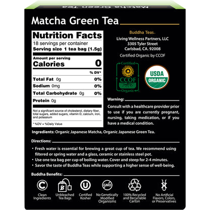 BUDDHA TEAS Organic Herbal Tea Bags Matcha Green Tea 1 x 18pk