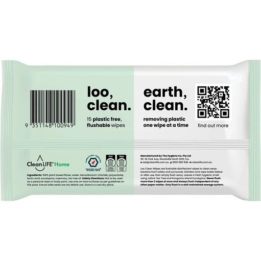 CleanLIFE Loo Clean Flushable Plastic Free Wipes 18 x 15pk