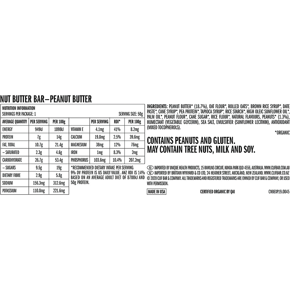 CLIF Nut Butter Bar Peanut Butter 12 x 50g