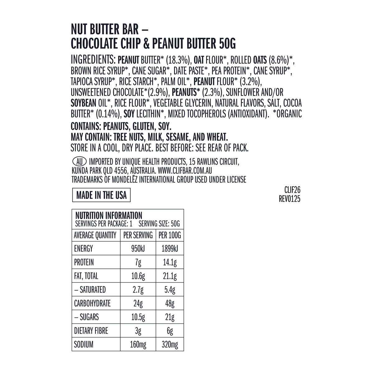 CLIF Nut Butter Bar Chocolate Chip & Peanut Butter 5 x 50g