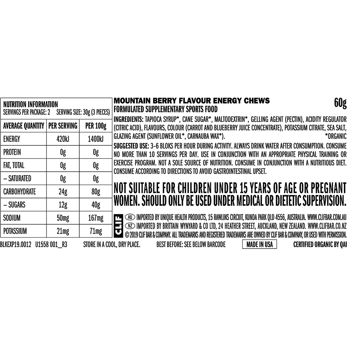 CLIF Bloks Energy Chews Mountain Berry 18 x 60g