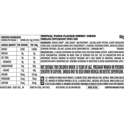 CLIF Bloks Energy Chews Tropical Punch 25mg Caffeine 18 x 60g