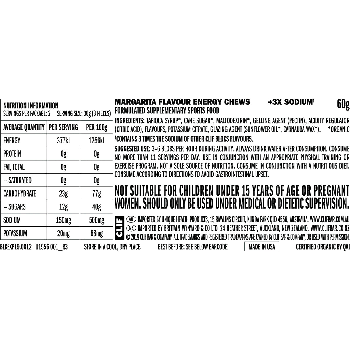 CLIF Bloks Energy Chews Margarita 150mg Sodium 18 x 60g