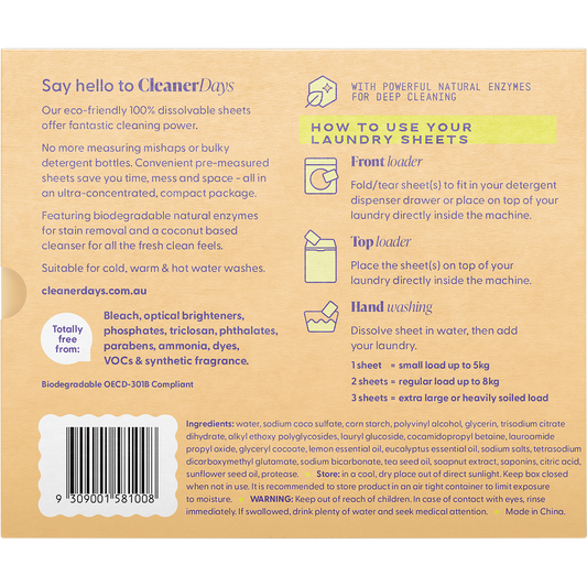 Cleaner Days Laundry Detergent Sheets Lemon + Eucalyptus