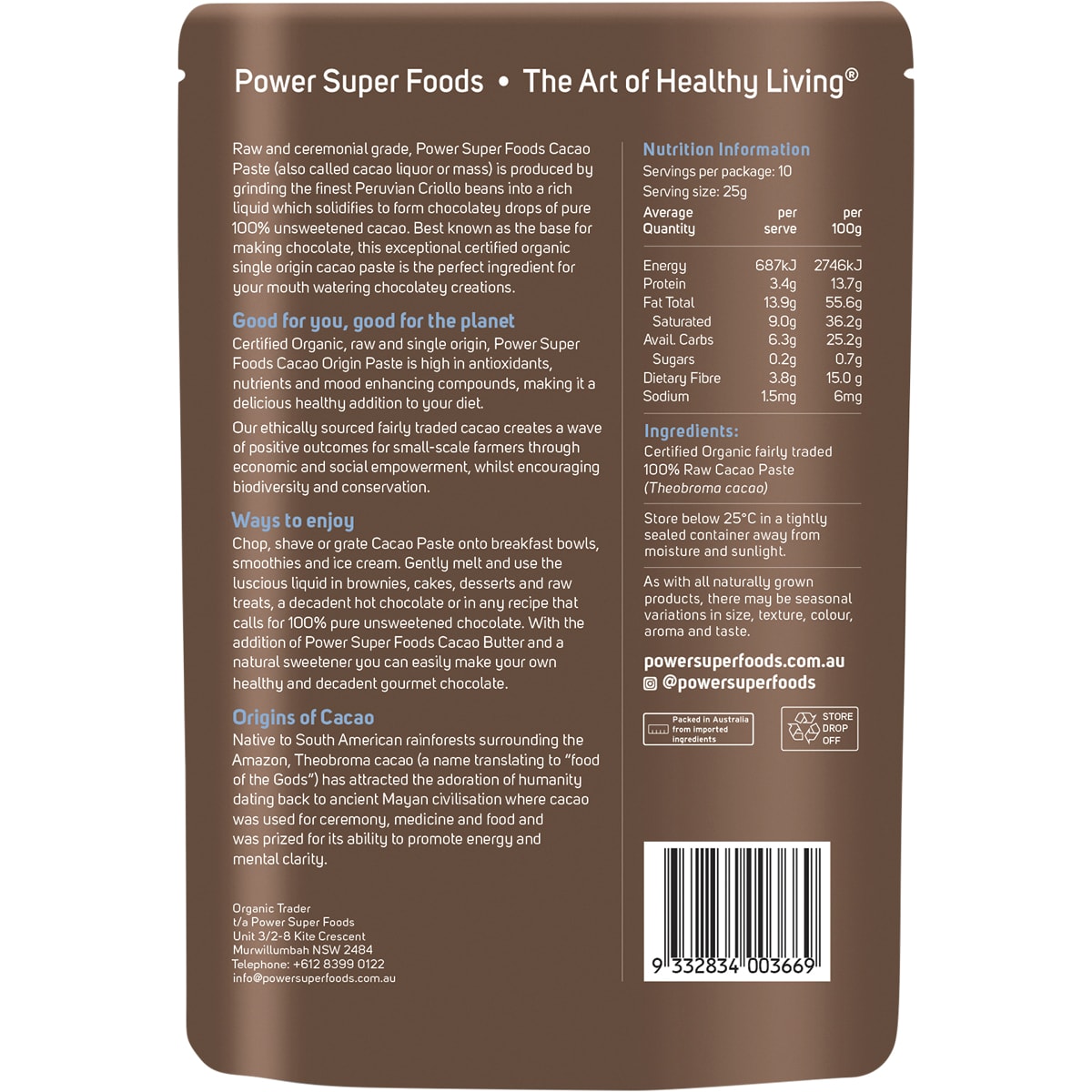 POWER SUPER FOODS Cacao Paste Buttons Ceremonial Grade Certified Organic 1 x 250g