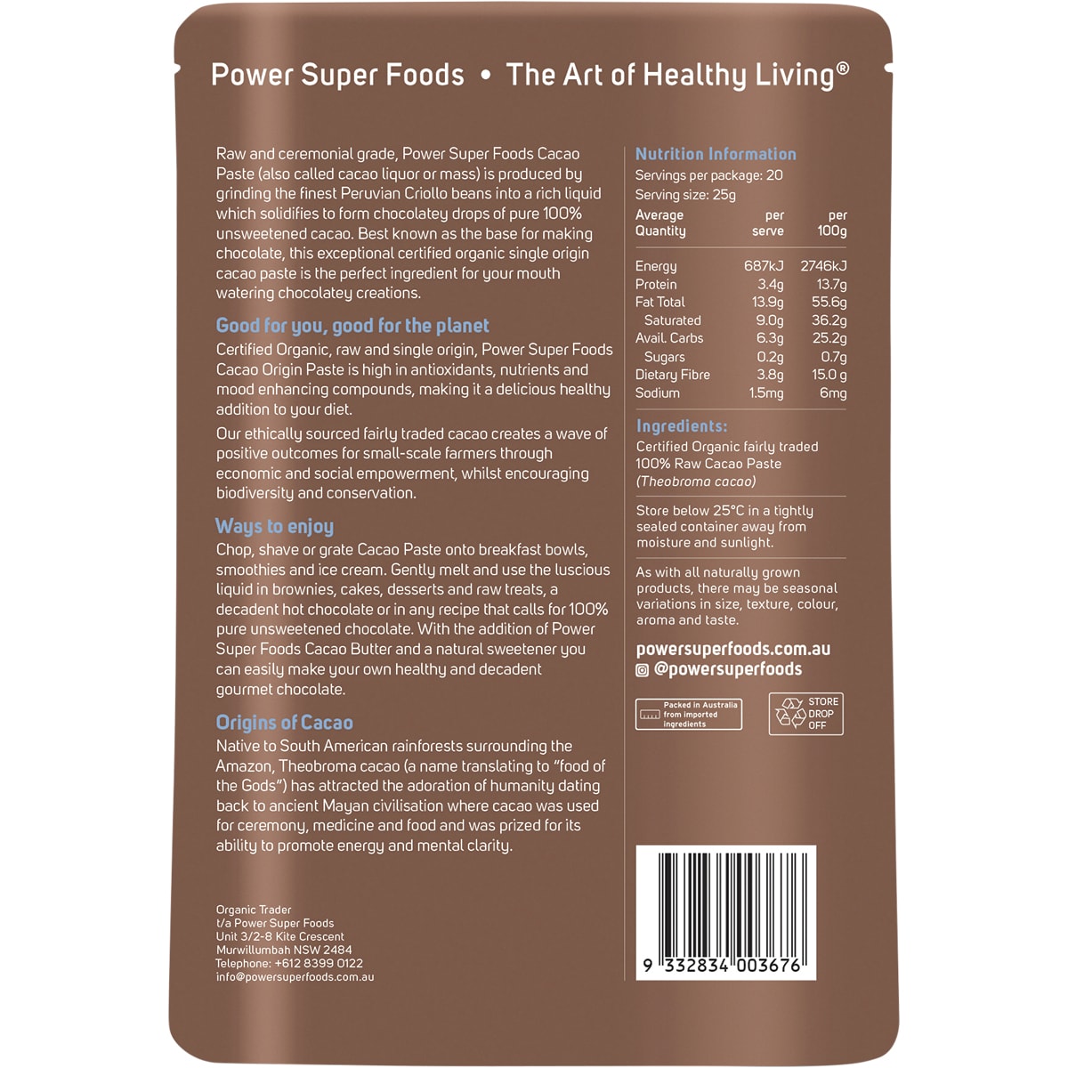POWER SUPER FOODS Cacao Paste Buttons Ceremonial Grade Certified Organic 1 x 500g