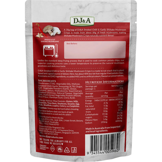 DJ&A Shiitake Mushroom Crisps Smoked Chilli & Garlic 12 x 30g