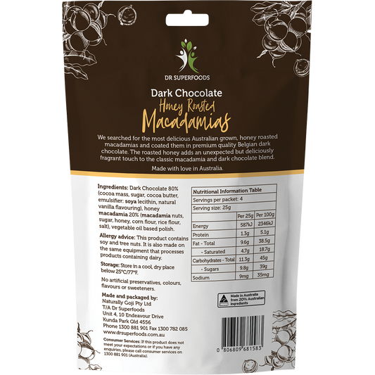 Dr Superfoods Honey Roasted Macadamias Dark Chocolate