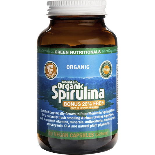 GREEN NUTRITIONALS Mountain Organic Spirulina Vegan Capsules 520mg 1 x 60 Caps