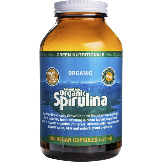 GREEN NUTRITIONALS Mountain Organic Spirulina Vegan Capsules 520mg 1 x 180 Caps