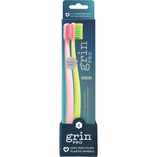 Grin Pro Ultimate Gentle Toothbrush Ultra Soft Pink, Green - Box of 8