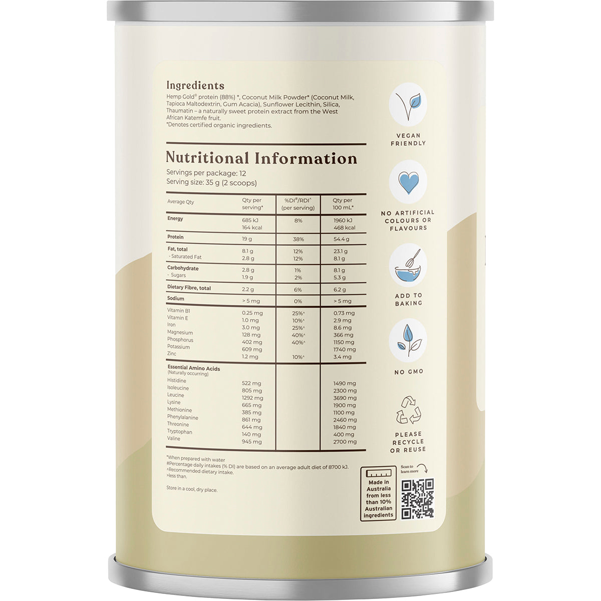 HEMP FOODS AUSTRALIA Organic Hemp Protein Shake Natural 1 x 420g