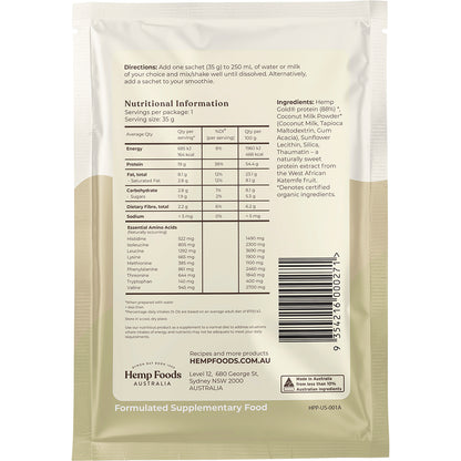 HEMP FOODS AUSTRALIA Organic Hemp Protein Shake Natural 7 x 35g