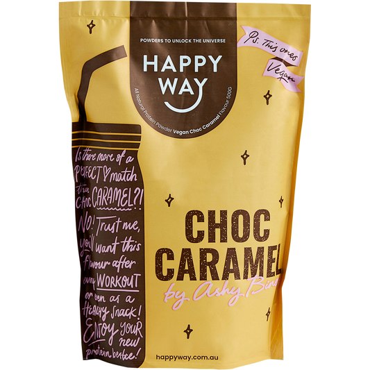 Happy Way Ashy Bines Vegan Protein Powder Choc Caramel