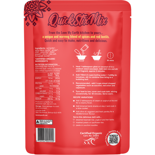 Love My Earth Quick Stix Mix Organic Dahl Bombay Tomato