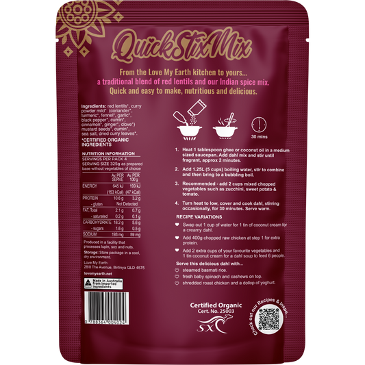 Love My Earth Quick Stix Mix Organic Dahl Indian Masala