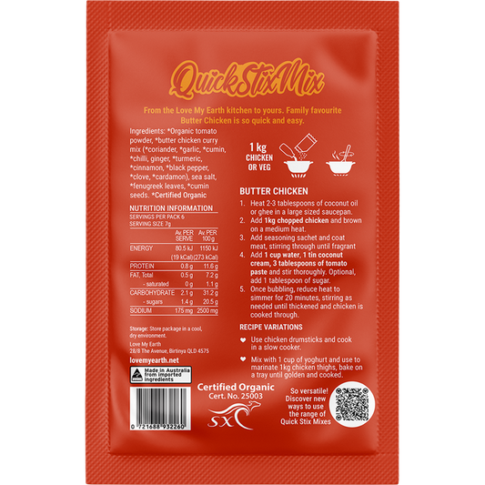 Love My Earth Quick Stix Mix Organic Recipe Base Butter Chicken - Box of 10