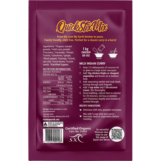 Love My Earth Quick Stix Mix Organic Recipe Base Mild Indian Curry - Box of 10