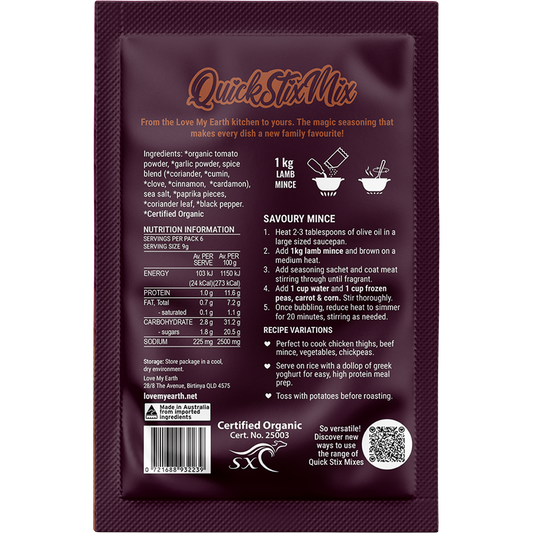 Love My Earth Quick Stix Mix Organic Recipe Base Savoury Mince - Box of 10