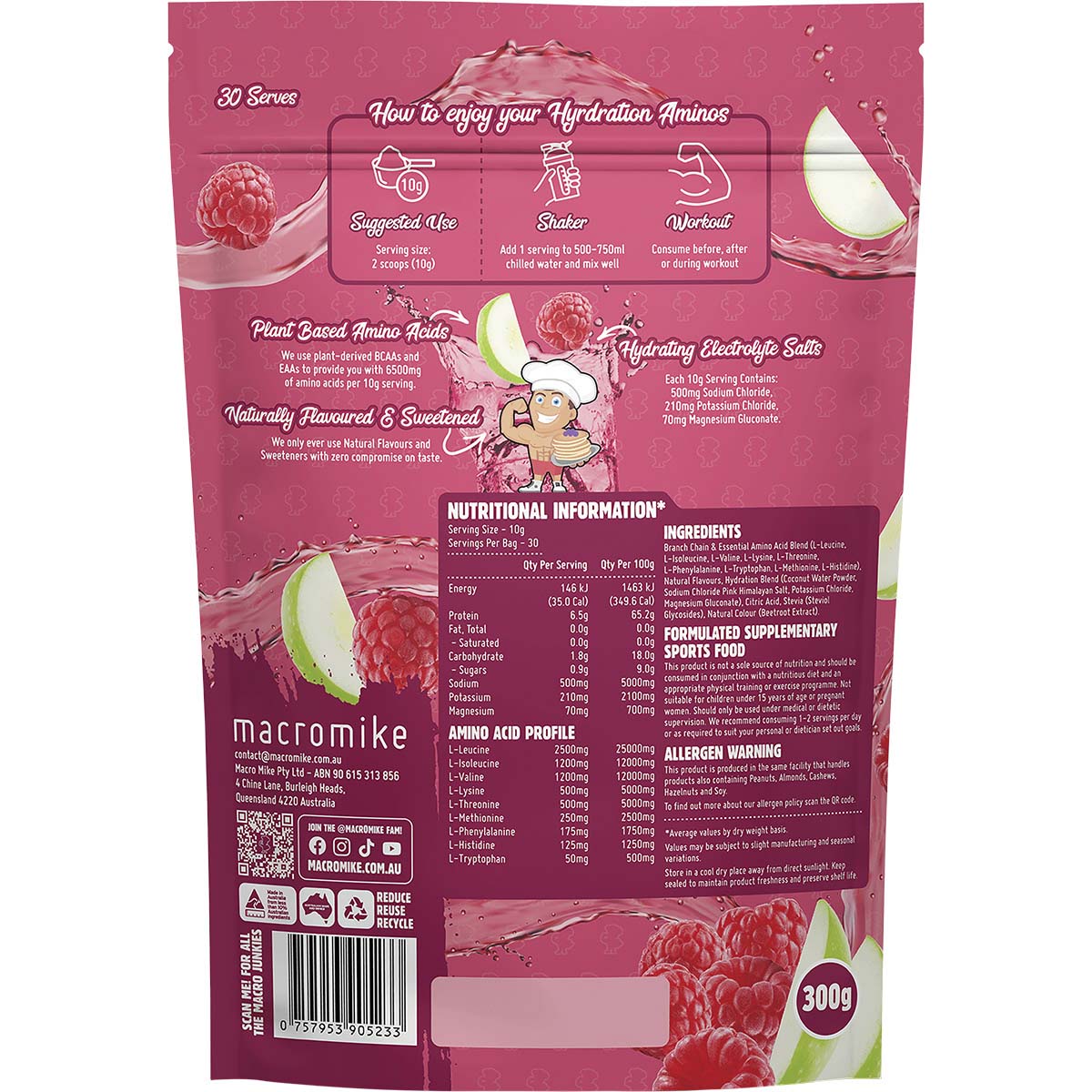 MACRO MIKE Plant Based Hydration Aminos Apple Raspberry Crush 1 x 300g