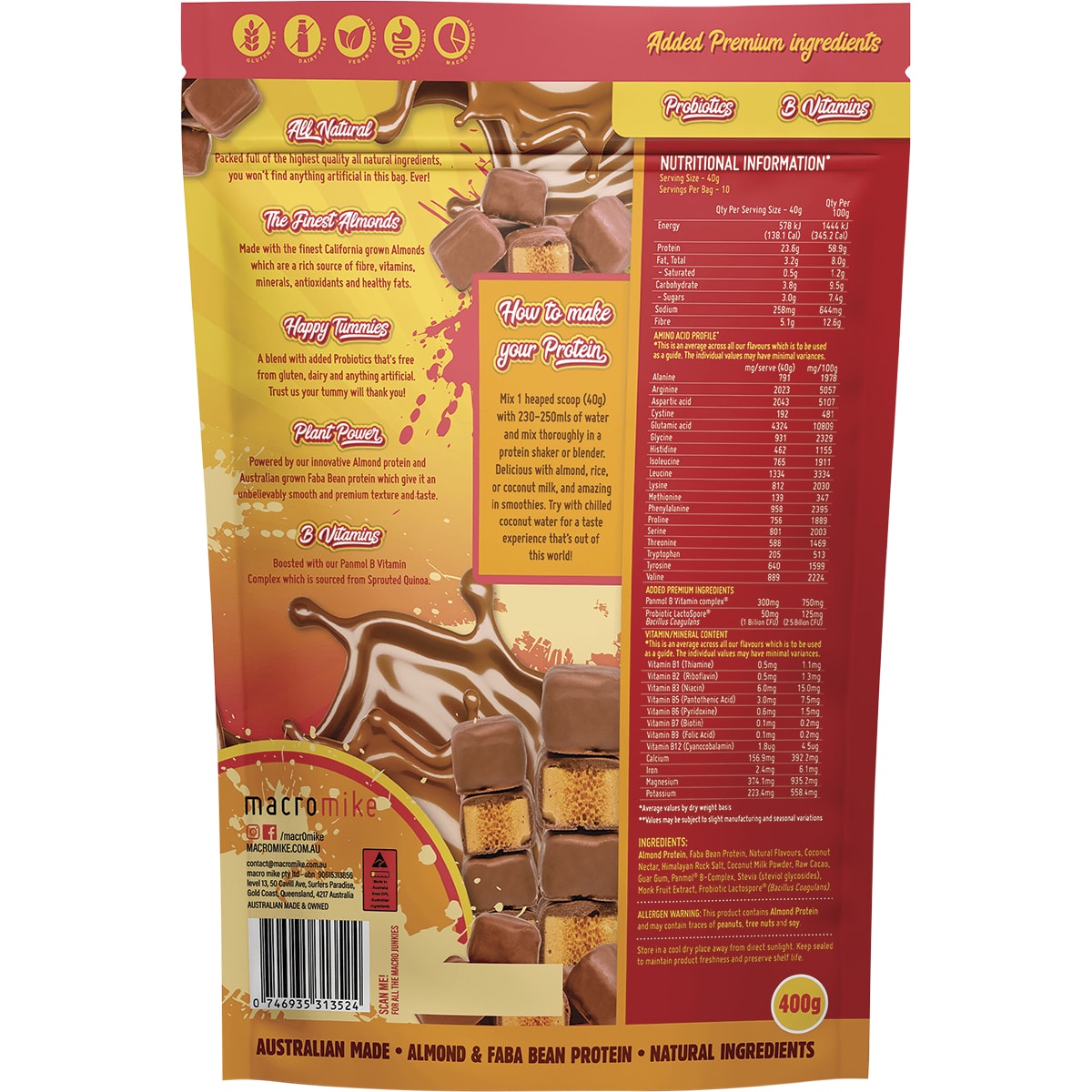 MACRO MIKE Premium Almond Protein Choc Honeycomb 1 x 400g