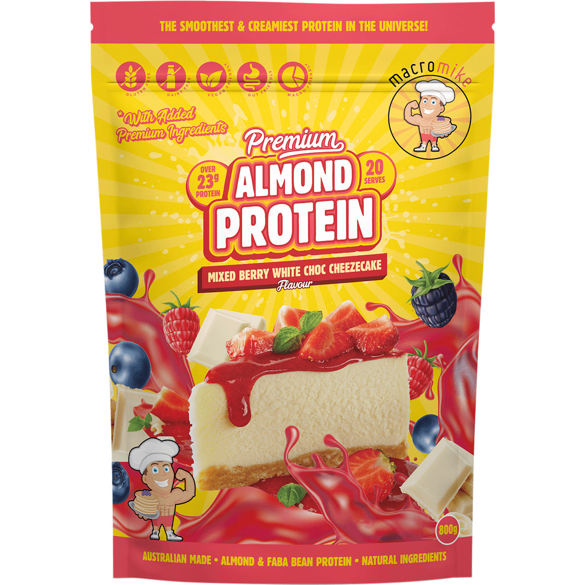 MACRO MIKE Premium Almond Protein Berry White Choc Cheezecake 1 x 800g