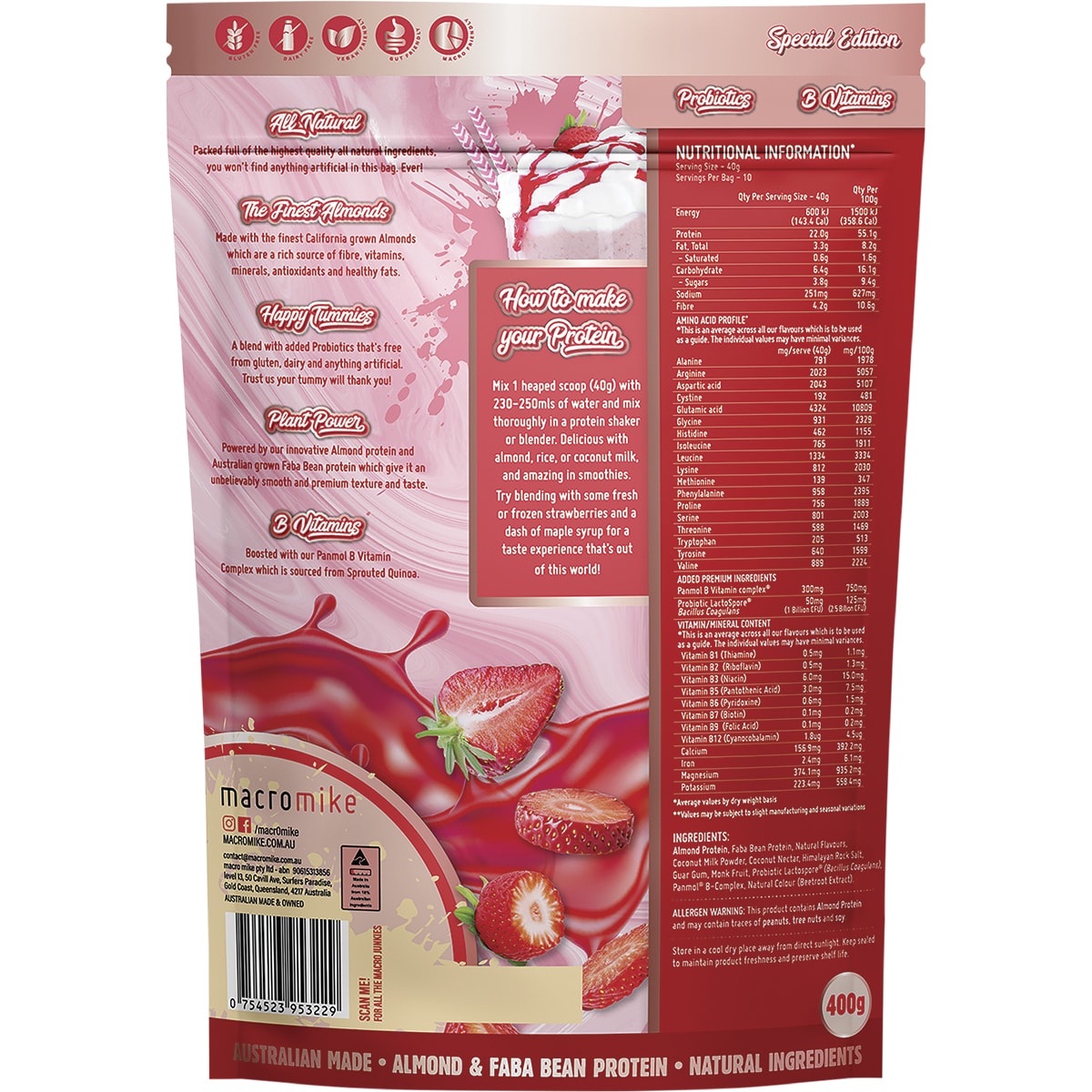 MACRO MIKE Premium Almond Protein Strawberry Thick Shake 1 x 400g