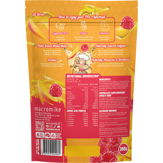 MACRO MIKE Plant Based Pre Workout Raspberry Mango Tango