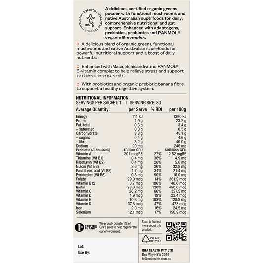 Ora Health Organic Greens Superpowder+ Daily Sachets