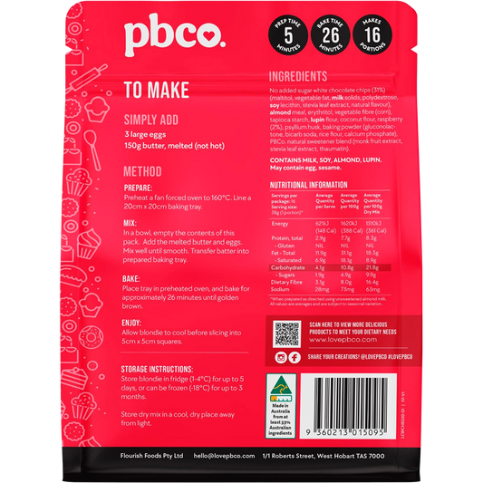 PBco Raspberry & White Choc Blondie Low Carb