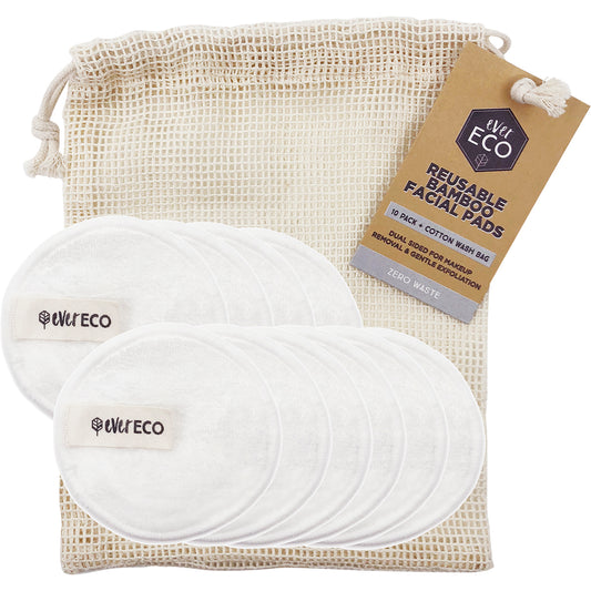 EVER ECO Reusable Bamboo Facial Pads White with Cotton Wash Bag 1 x 10pk