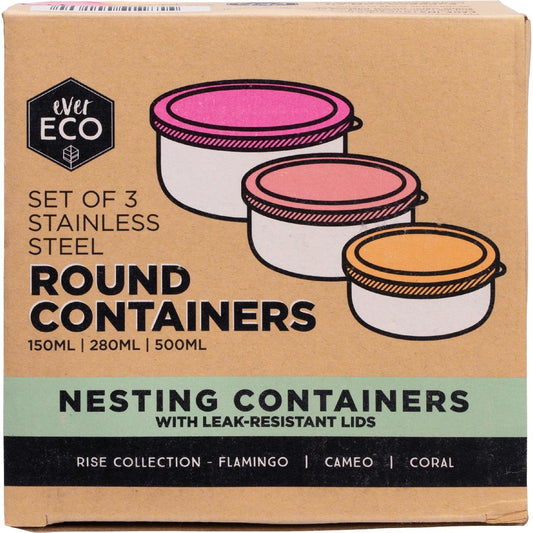 EVER ECO Stainless Steel Round Containers Rise Leak Resistant 1 x 3pk