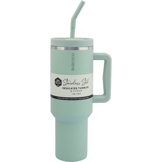 EVER ECO Insulated Tumbler with Handle & Straw Sage 1 x 1.18L