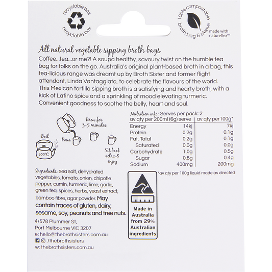The Broth Sisters Vegetable Sipping Broth Bags Mexican Tortilla