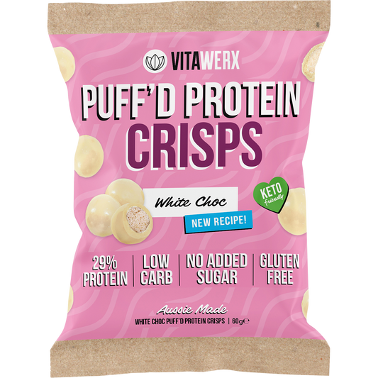 Vitawerx Puff'd Protein Crisps White Choc - Box of 10