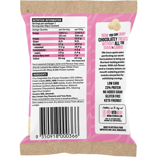 Vitawerx Protein White Choc Coated Almonds - Box of 10